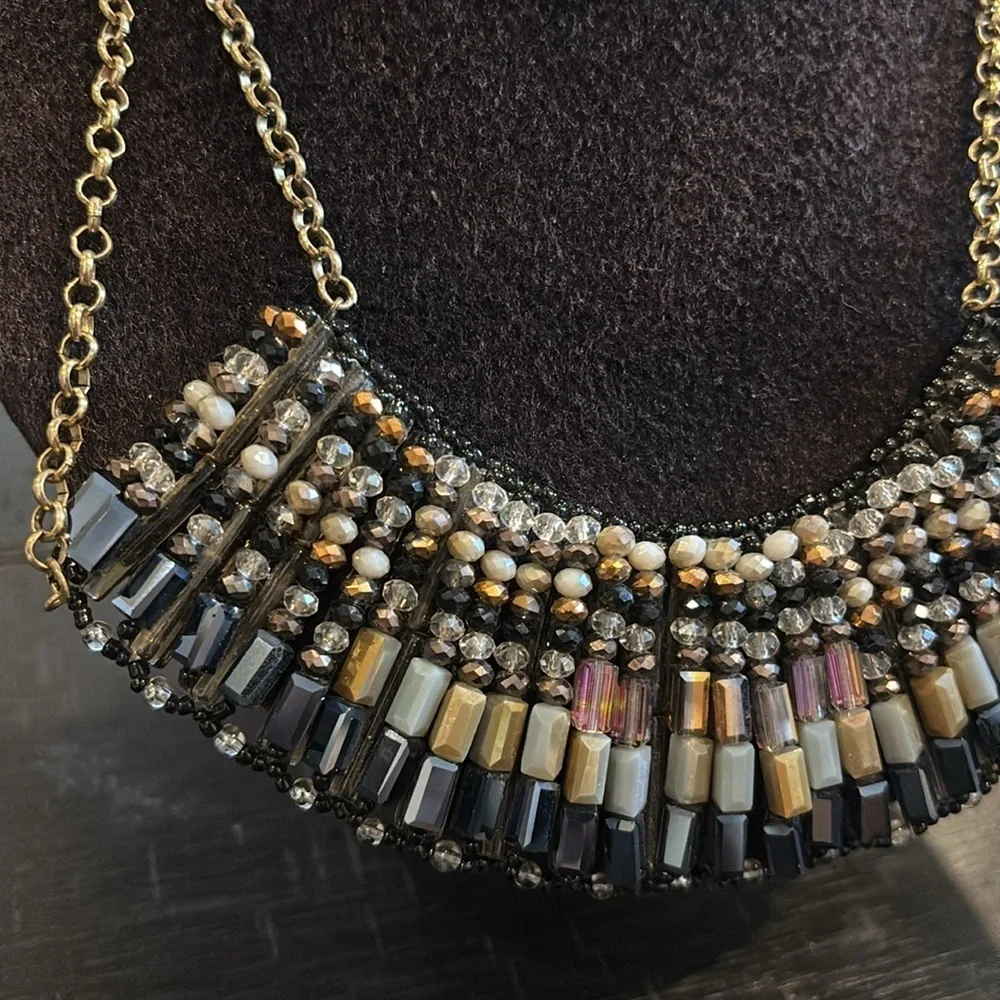 Bib Style Multicolor Beaded Gold Tone Statement Necklace Aurora Borealis AB​